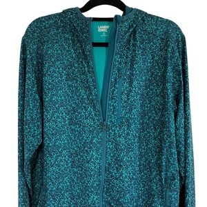 Lands End Women's Medium Teal Geometric Print Hooded Lightweight Jacket EUC